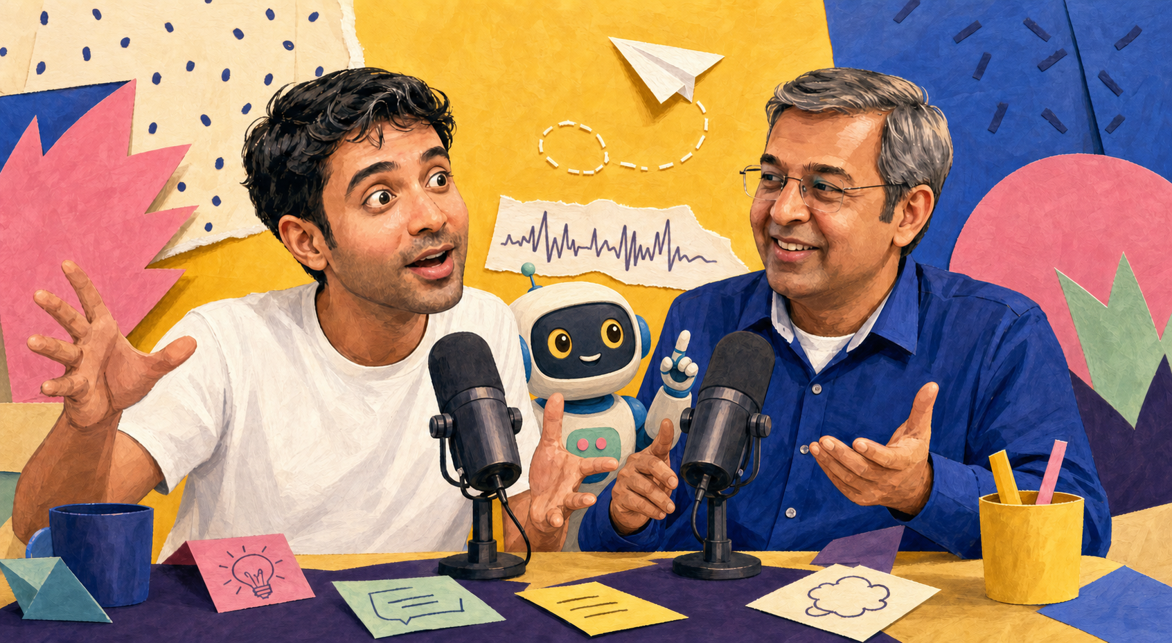Monish, Sud, and a cheerful robot ready to watch Episode 1